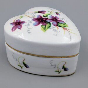 Vintage Bone China Heart Shaped Trinket Box with Purple Violets